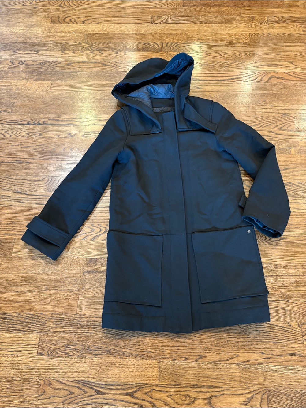 Lacoste Women’s wool blend Hooded Black Coat, zipper, 34 (US2-4), rv $650